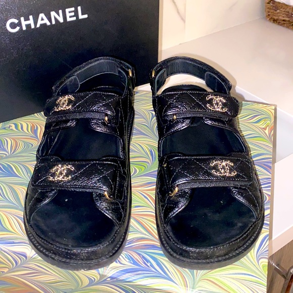CHANEL “Dad” Sandals - Black Caviar Quilted Leather - Picture 2 of 6
